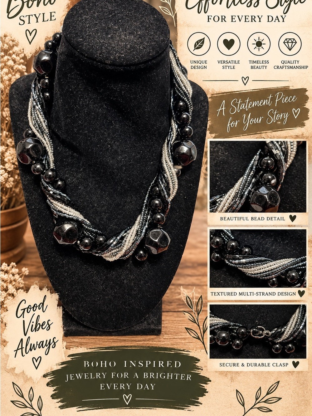 Erica Lyons Black and Silver Multi-Strand Beaded Necklace
